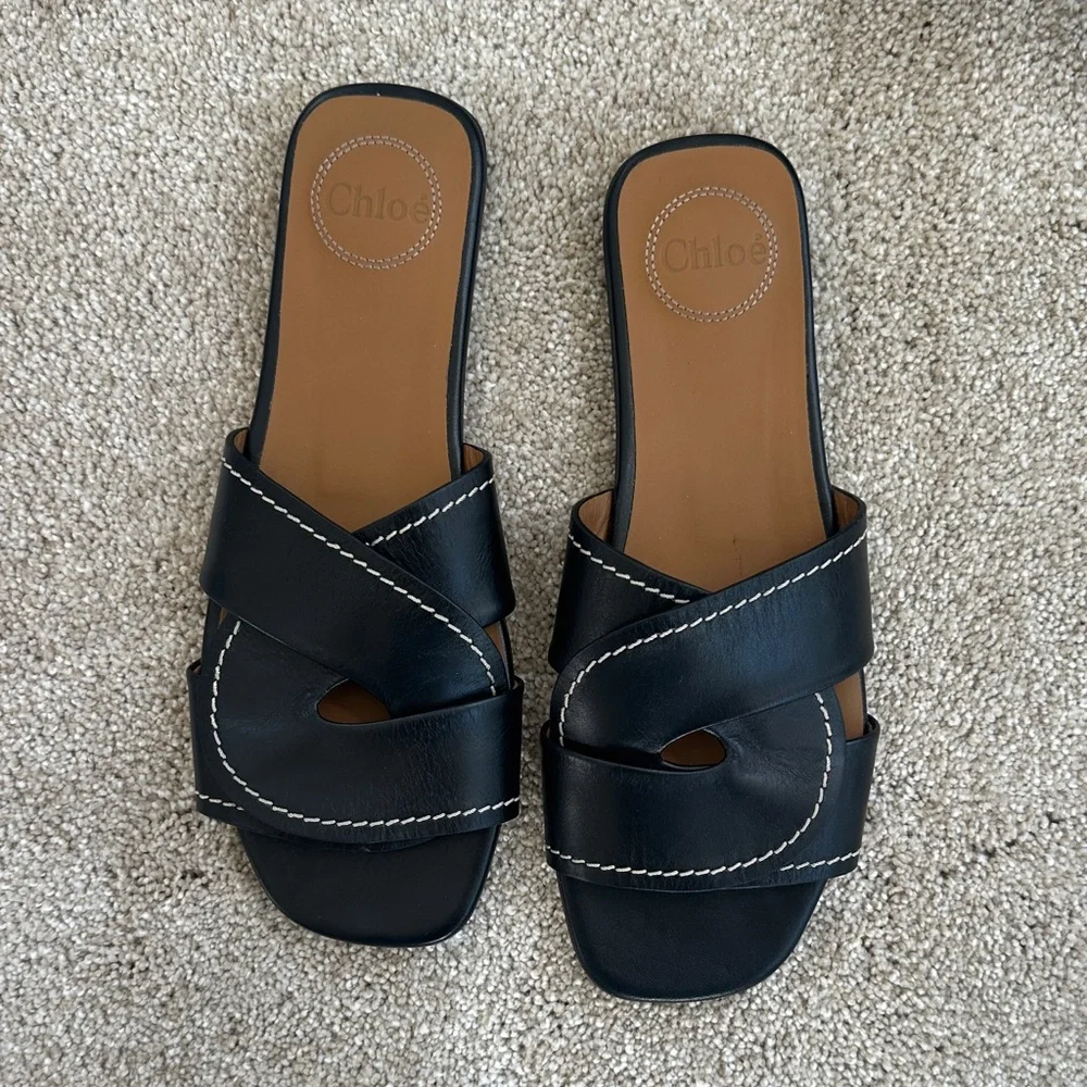 Chloe Black Leather Slide Sandals - Picture 3 of 13